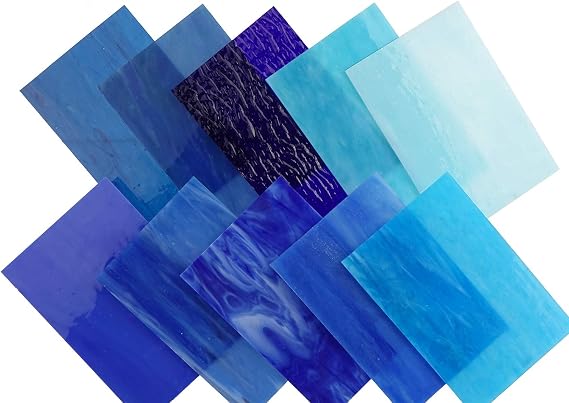 Lanyani(10 Sheets)Blue Variety Stained Glass Sheets 4 x 6 inch Opal Art Glass Pack Tiffany Glass, Mixed Textures