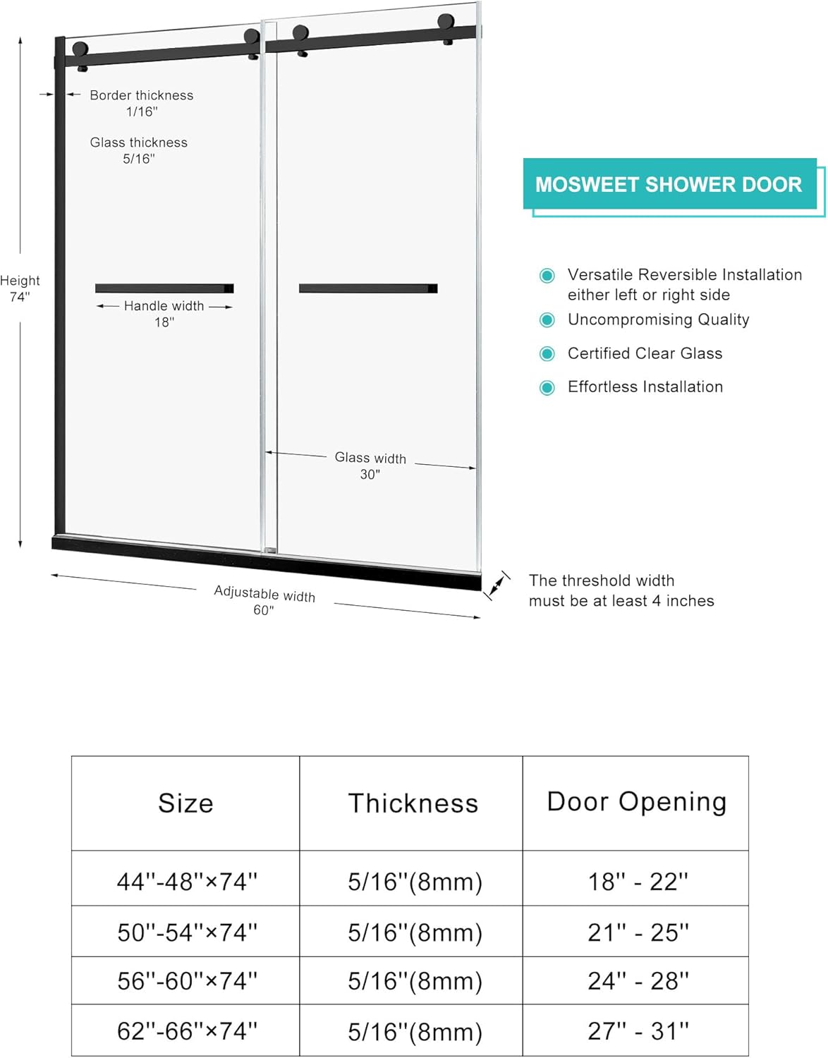 Milano Shower Door, 60" W x 74" H Framed Double Sliding Shower Door 5/16"(8mm) Clear Tempered Glass, 18 inch Pull Handle, Stainless Steel Hardware, Matte Black Finished