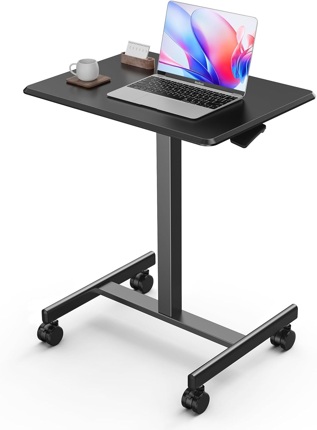 DUMOS Mobile Small Standing Desk, Portable Rolling Laptop Desk with 2 Lockable Wheels, Adjustable Height Computer Workstation for Home Office, 19 Inch White