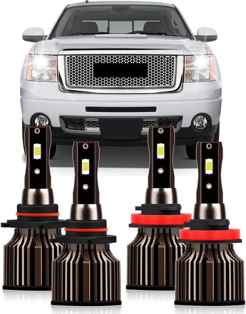 Compatible For GMC Sierra 1500 2500 3500 HD 2007 2008 2009 2010 2011 2012 2013 Lights Bulbs, 9005 H11 High Beam or Low Beam Car Lights Combo, Plug n Play, Powersports Bulbs, 6000K White, Pack of 4
