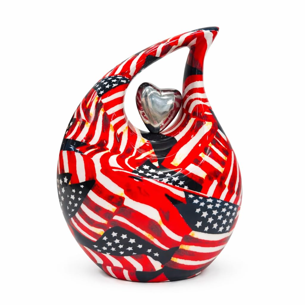 Nautical Replica Hub Heart of Love Cremation Urn for Human Ashes, Beautiful Higher Handicrafts American Flag Teardrop Urn - Handcrafted Metal Memorial Urn with Silver Heart, Large (Red(8X4.5X10)
