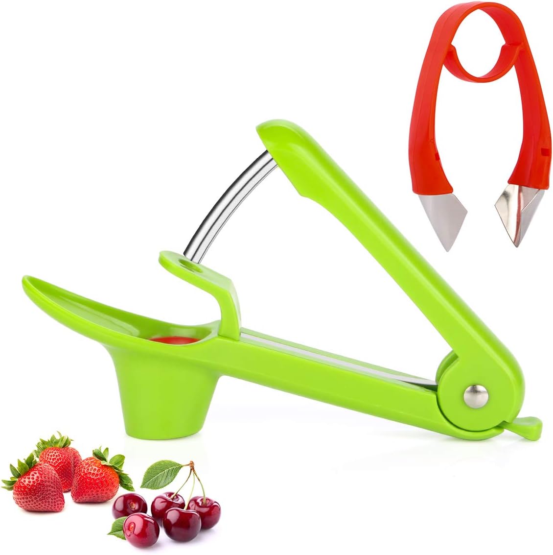 Cherry Pitter and Strawberry Huller, Heavy-Duty Cherry Pitter Remover Stoner Corer Tool with Food-Grade Cup Stainless Steel, Space-Saving Lock Design
