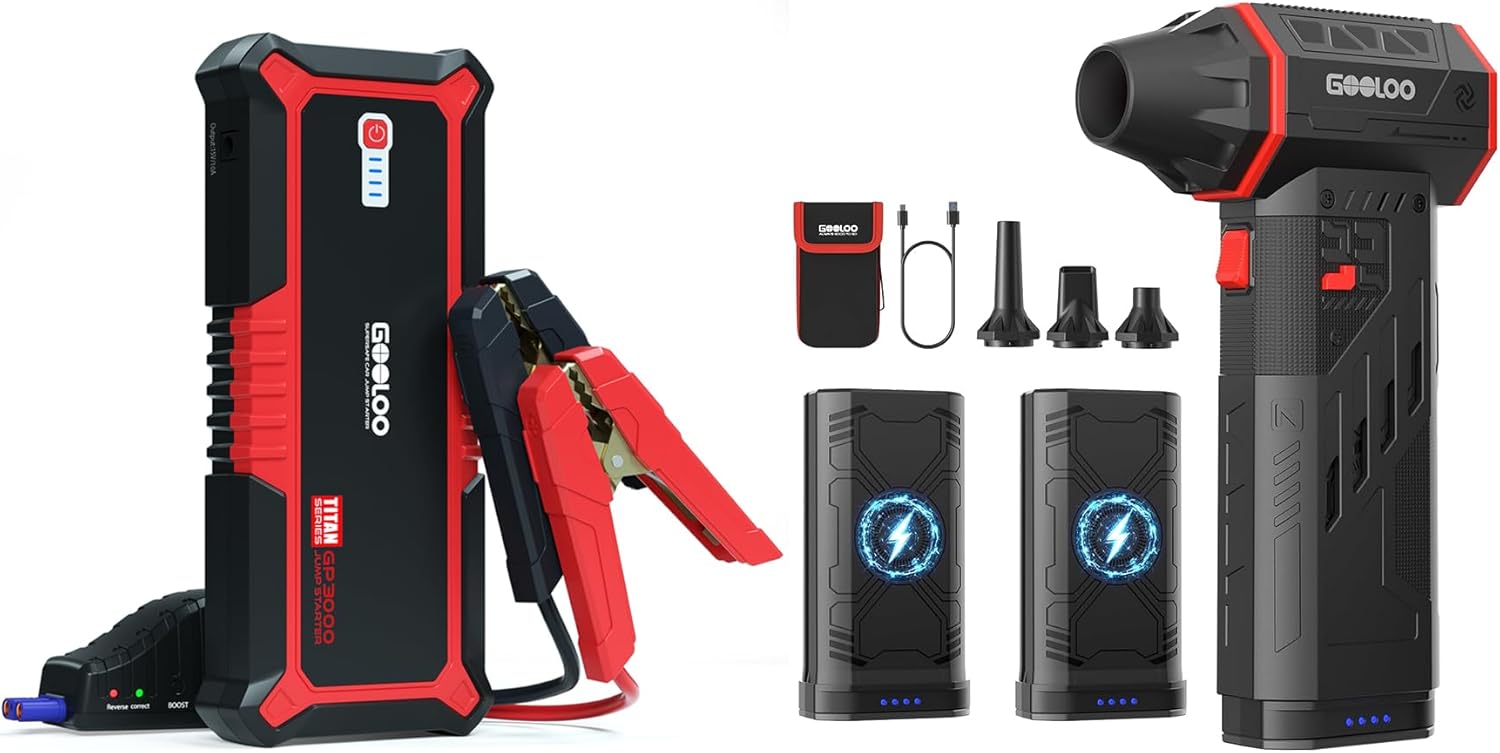 GOOLOO Upgraded GP3000 Jump Starter 3000A Peak Car Starter & GOOLOO F5 Compressed Air Duster, Dual Removable Batteries, 