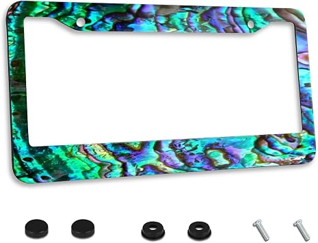 Faux Abalone License Plate Frame Stainless Steel 2-Holes with Screws | Fits Us Standard Front & Rear License Plates Holder Rustproof Rattle-Proof Weather Resistant Easy Installation Car Parts