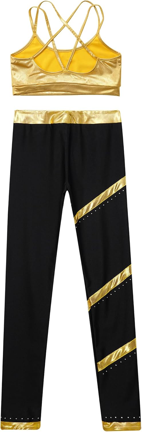 Jugaoge Girls Dance Outfits Metallic Training Bras Crop Top with Athletic Leggings Set Skating Sports Suit