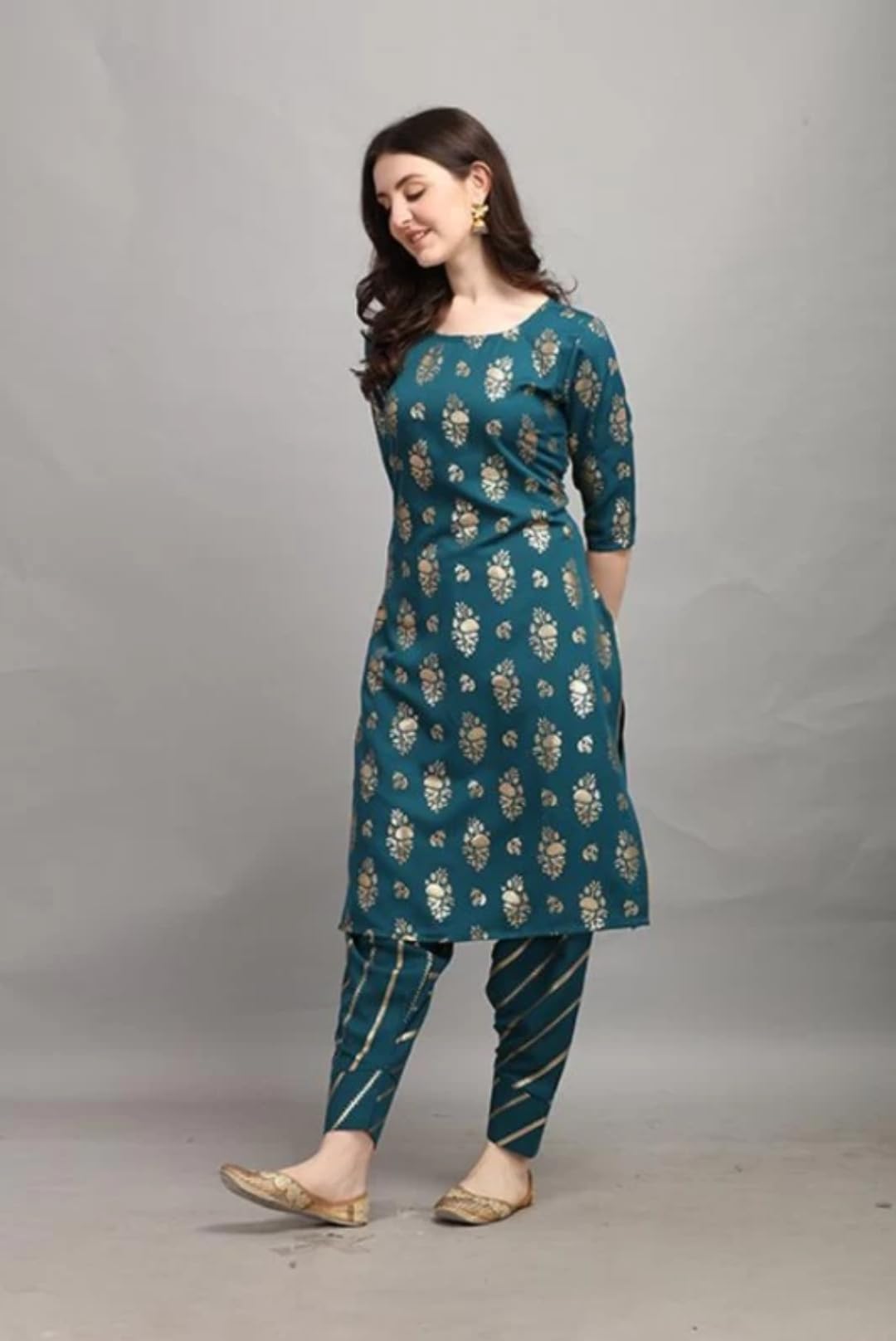 Gufrina Women's Rayon Straight Kurta & Dhoti Pant With Round Neck 3/4Th Sleeves Solid Pattern Calf Length A Line Style And Regular Fit