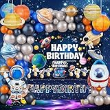 118Pcs Space Themed Party Decorations, All-In-One Outer Space Planet Birthday Banner Backdrop Cake Topper Solar System Paper Lanterns Galaxy Tablecloth Balloon Garland Kit