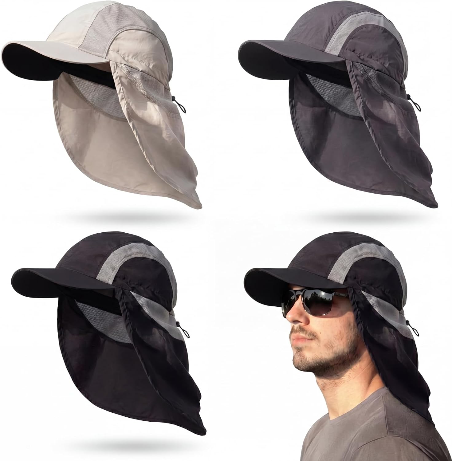 Janmercy 3 Pcs Sun Hats with Neck Flap for Men Uv50+ Large Brim Baseball Cap with Neck Cap UV Sun Protection Adjustable Breathable for Hiking Cycling Fishing Outdoor Sports