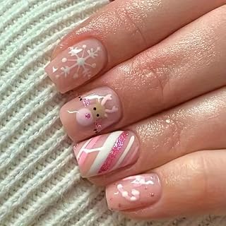 24 PCS Christmas Press on Nails Short Square Fake Nails With Snowflake Elk Candy Designs Xmas False Nails Full Cover Stick on Nails