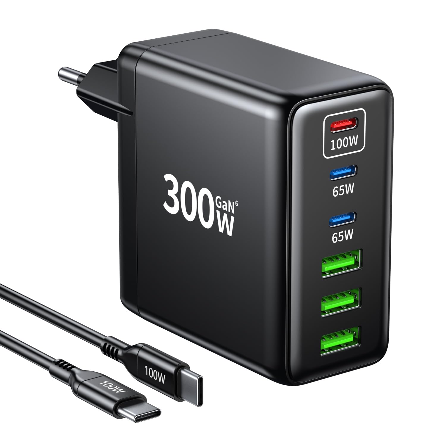 HSSNS 300W USB-C Ladegerät, 6 Port USB Ladegerät Mehrfach Schnellladegerät mit 3 USB-C und 3 USB-A, GaN PD Charger für MacBook iPad Pro/Air, iPhone 17 16 15 Pro Max, Samsung usw.
