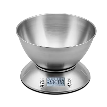 Kitchen Scales with 2L Stainless Steel Bowl | Food Weighing Scales 5kg/0.1g Precision, Backlit & Tare Function | Weighing Scales Kitchen for Baking & Cooking | Food Scales with Detachable Bowl
