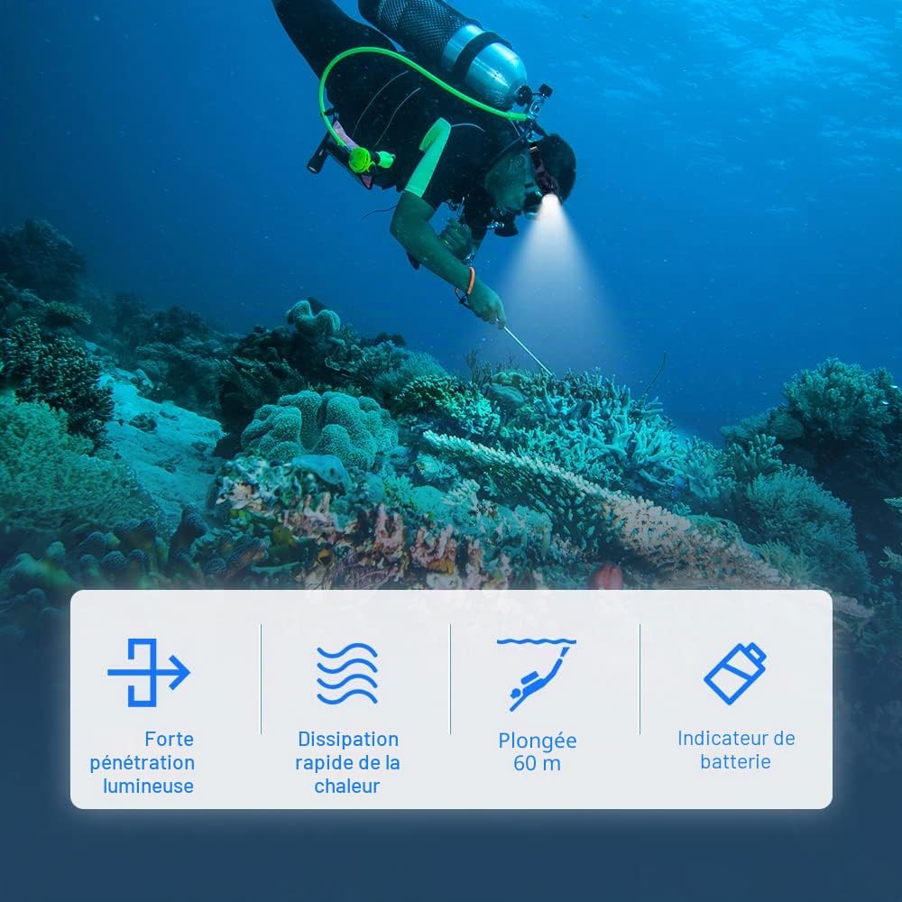 WINDFIRE 5 000 lumens lumière sous-marine, lumière frontale sous-marine, 5 modes lampe frontale sous-marine, IPX8 étanche submersible 60 mètres de sécurité tête de plongé