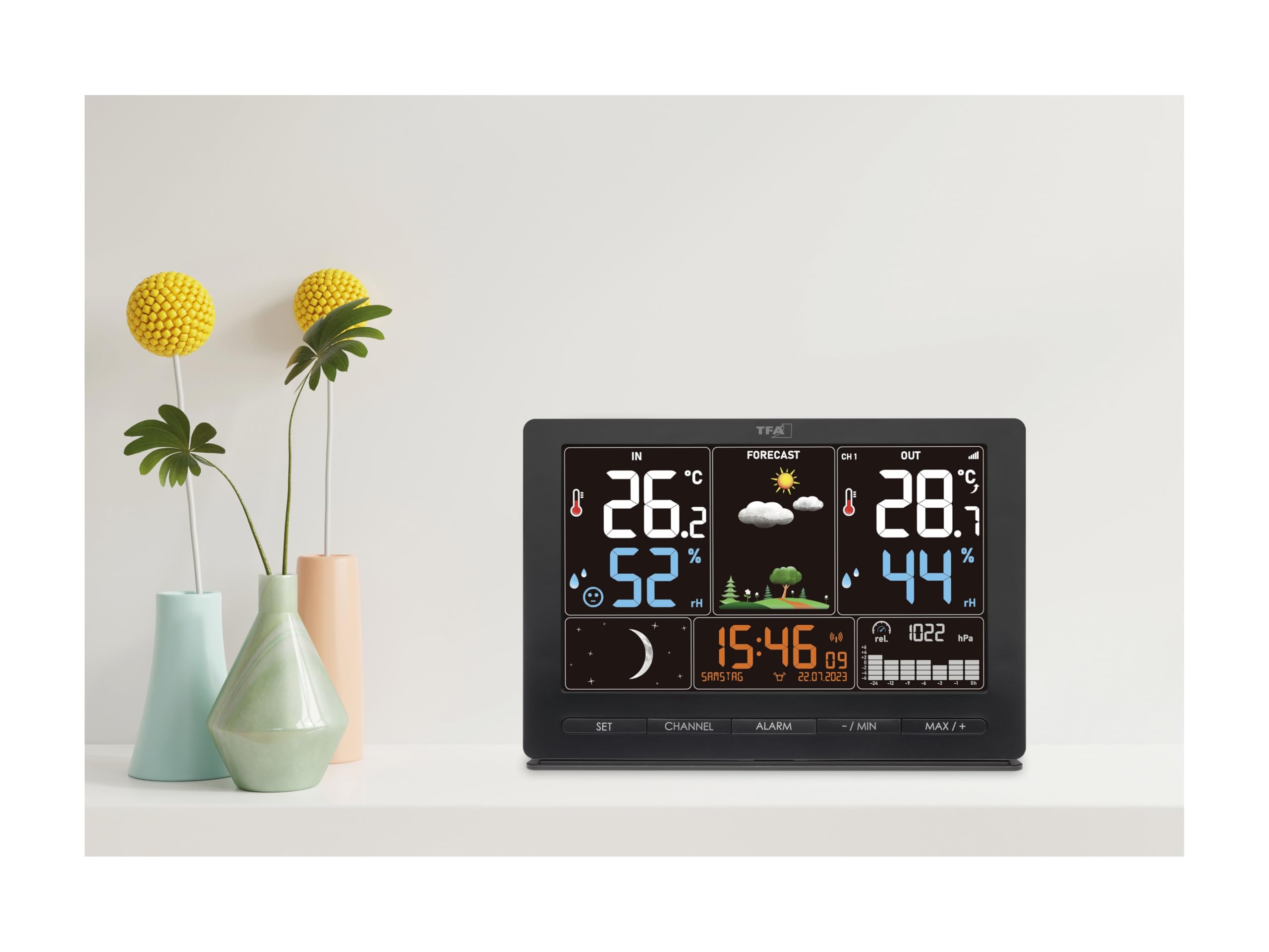 TFA Dostmann Season 2 35.1118 Draadloos weerstation met buitensender, weersvoorspelling, kleurendisplay, temperatuur en luchtvochtigheid, incl. radioklok met maanfase, zwart, met batterijen