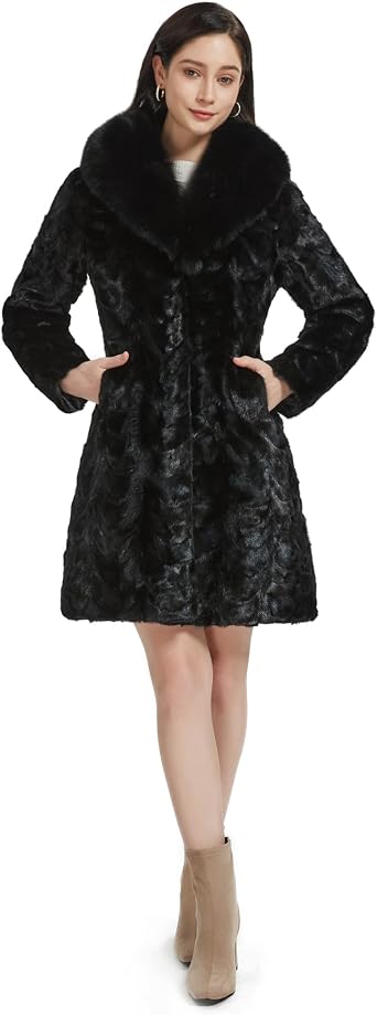 Women Real Fur Coat Mink Jacket with Real Fox Fur Collar Long Overcoat