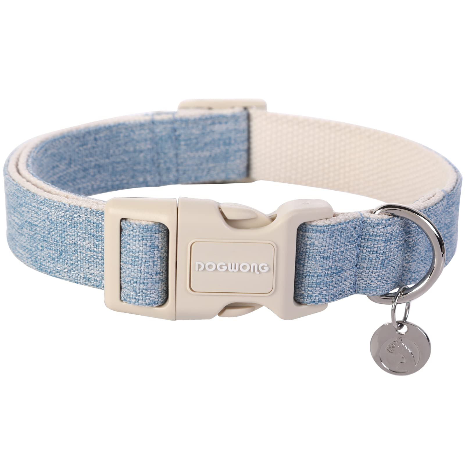 DOGWONG Cotton Hemp Dog Collar, Heavy-Duty Baby Blue Dog Collar Adjustable Soft Natural Fabric Pet Dog Collar Cute Wedding Puppy Necklace for Small
