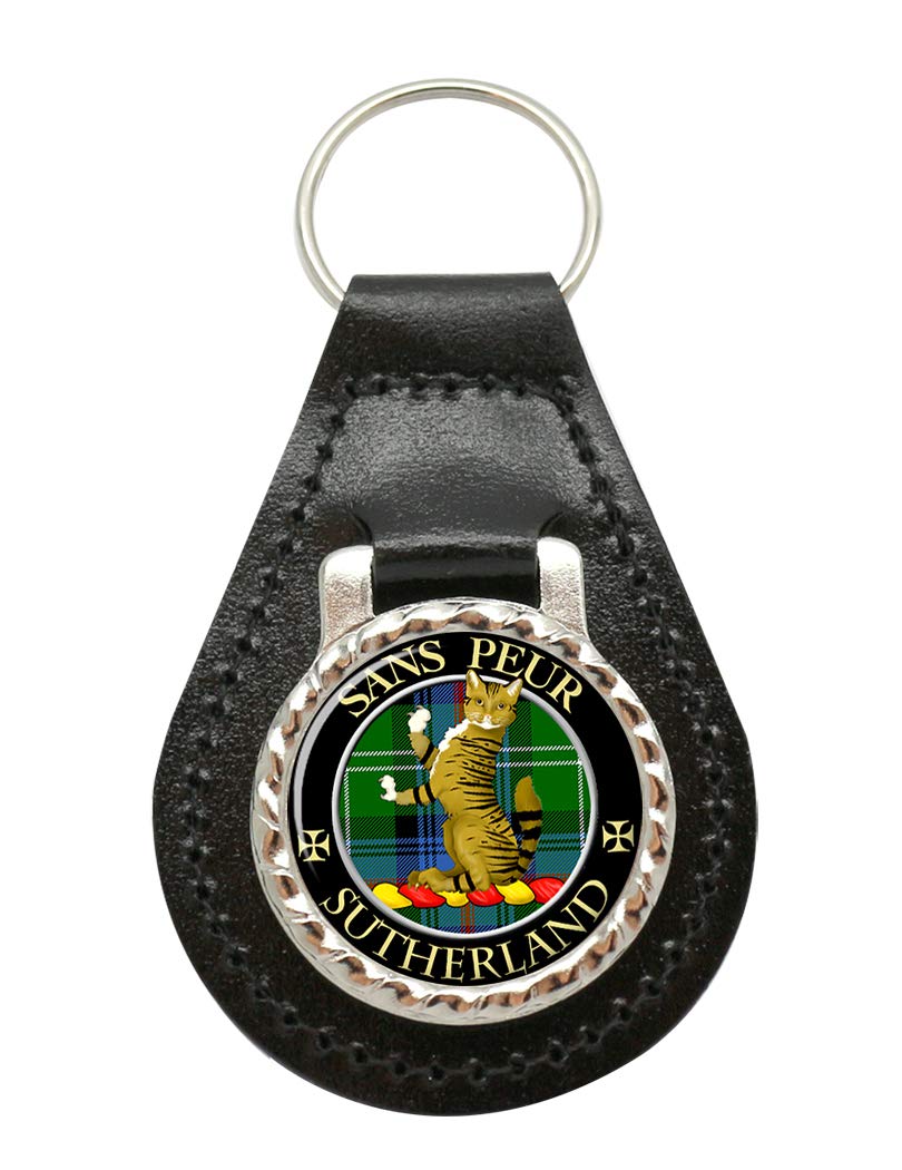 Giftshop Uk Unisex Black Leather And Silver Metal Sutherland Scottish Clan Leather Key Fob