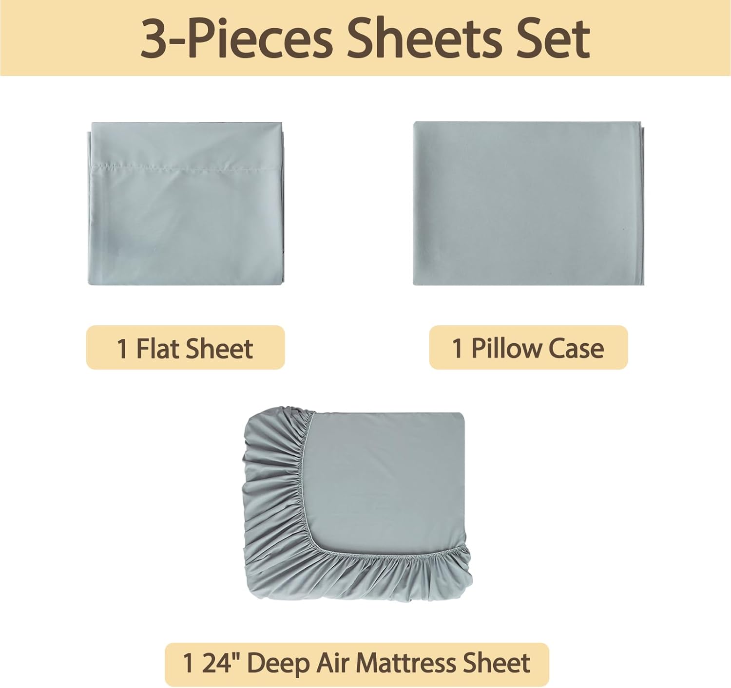 Air Mattress Sheet Set Twin Size,3 Piece Deep Pocket Bed Sheet Set for 16-24 Inch Air Bed,Easy Inflate Access,Perfect for Guest Room, RV, Camping,Gray