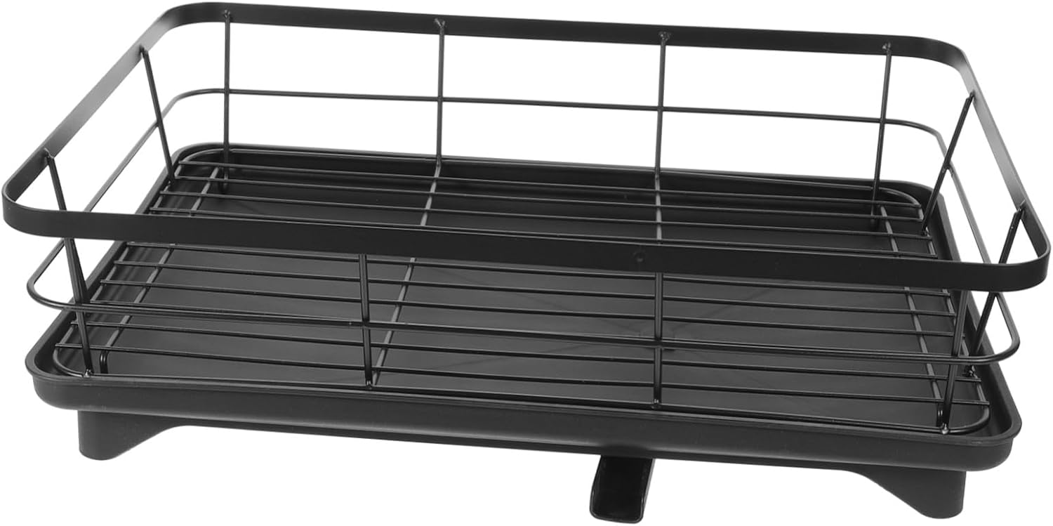 Dish Drying Rack Kitchen Counter Utensil Holder Rustproof Sturdy Frame Dish Rack with Compartment Slots for Bowls Plates Cutlery Organization Black Single