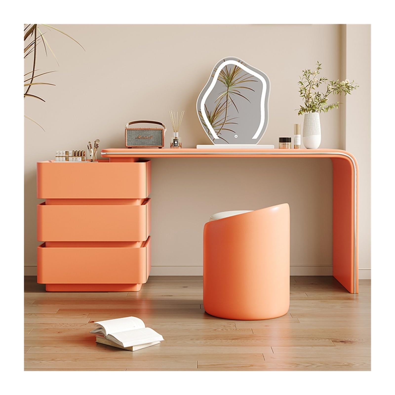 Schminktisch Schminktisch mit 3 Schubladen und Stuhl for Damen Stauraum(Orange,Mittel)