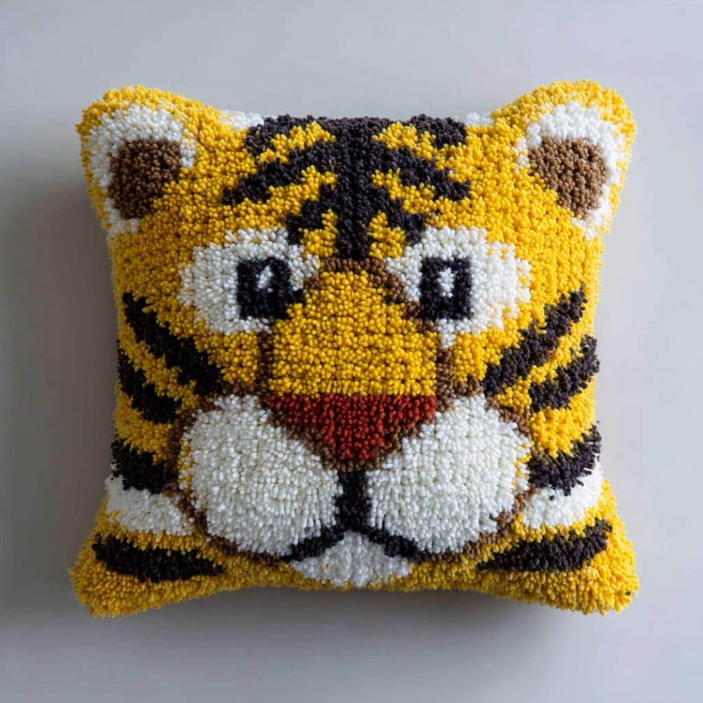 Taxpy Latch Hook Cushion Kits 17X17Inch, Animal Tiger Latch Hook Pillow Case Kits Embroidery Kit, DIY Needlework Pillow Cover Cushion Rug Making Kit