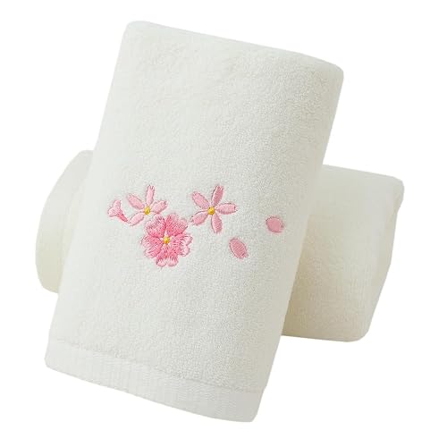 Pidada Hand Towels Set of 2 Embroidered Floral Pattern 100% Cotton Absorbent Soft Decorative Towel for Bathroom (Cherry Blossom Ivory)