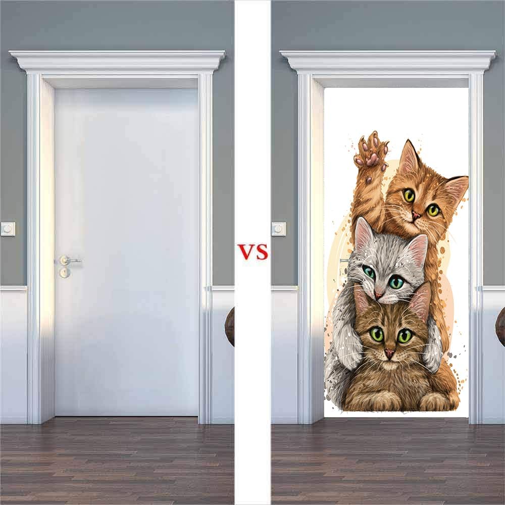 artfanke 3D Door Sticker Peel and Stick 30.3"x78.7"-Cute Cat Door Decals Mural Wallpaper Vinyl Wall Poster for Home Decor (2 Sheets/Set)
