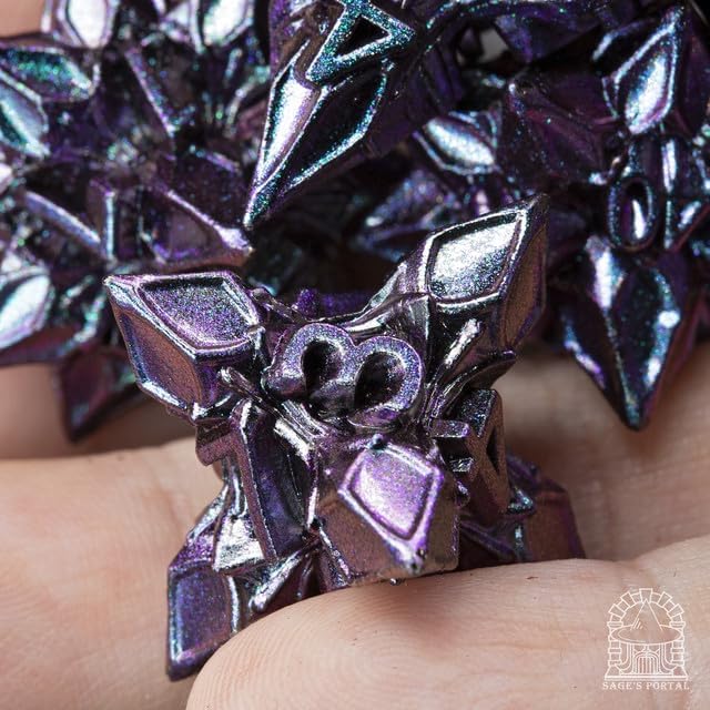 Sage's Portal Deadly Blossoms Metal DND Dice 7 Piece Polyhedral Dice Set for DND TTRPG Dungeons and Dragons Pathfinder Oversized Designer Ornamental Dice (Blue/Pink)
