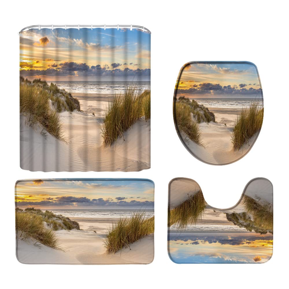 4 Piece Shower Curtain Sets,Beach Ocean View Sunset Coastal Tropical Seacoast Sand Seaside Exotic Scenic Landscape 70"Wx70"H Bathroom Curtain with 16"x24" Bath Mat,Toilet Seat Cover, U-Shaped Toilet