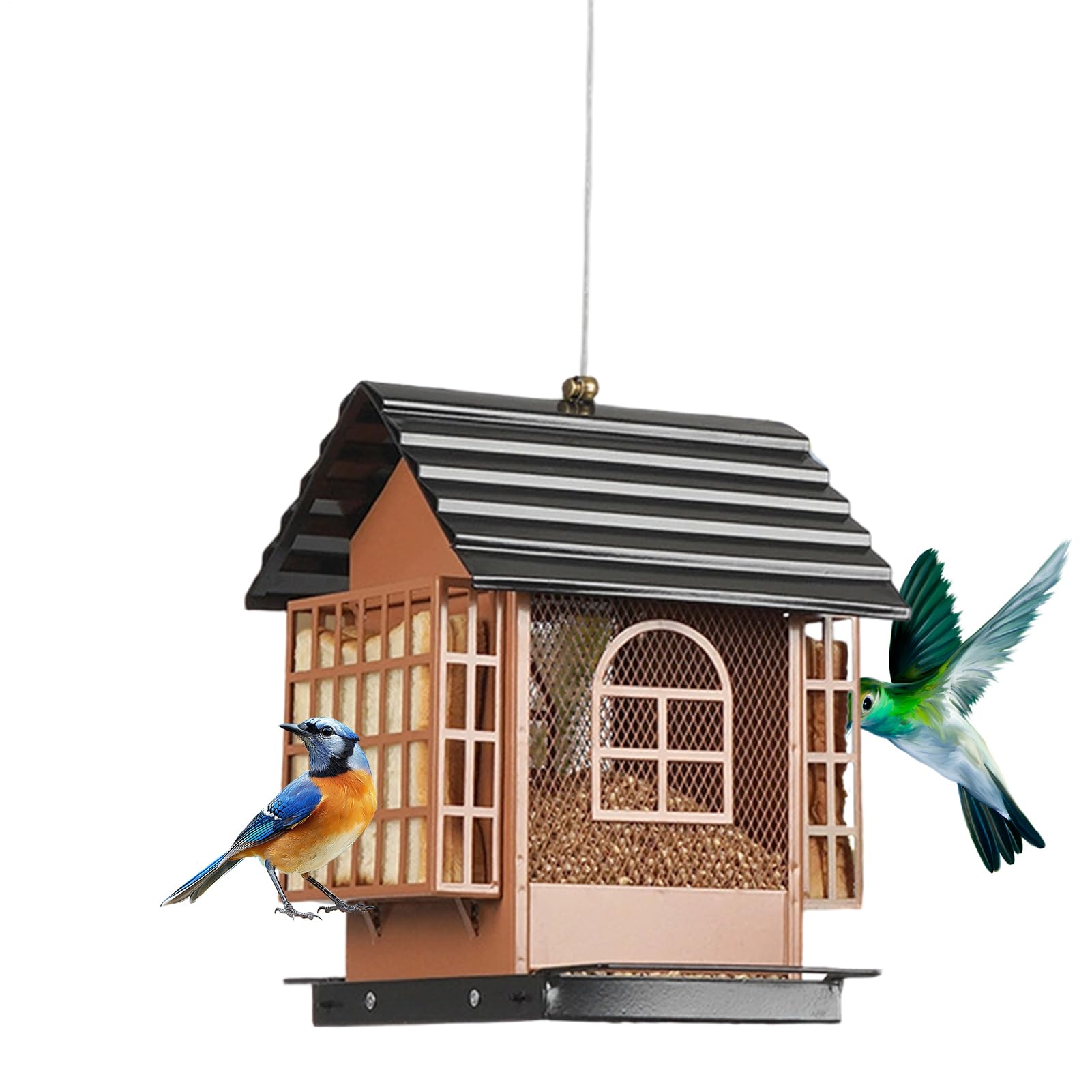 Karmnik dla dzikich ptaków, metalowa miska, łatwy do napełniania, domek, karmnik dla ptaków, na balkon, ogród, patio, trawnik, do obserwacji ptaków, weranda