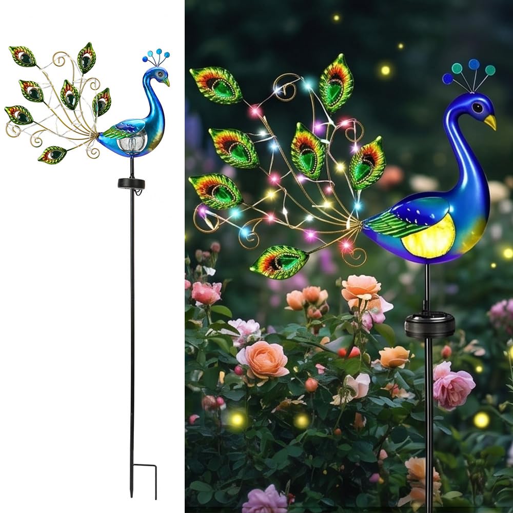 Solar Gartenstecker, Solar Vogel Pfau, Solarstecker für Außen Garten mit Bruchglas Kugel, Solar Tiere für Außen Garten, Solarleuchten für den Ga-rten, Solarfiguren für Au-ßen Gar-ten Deko