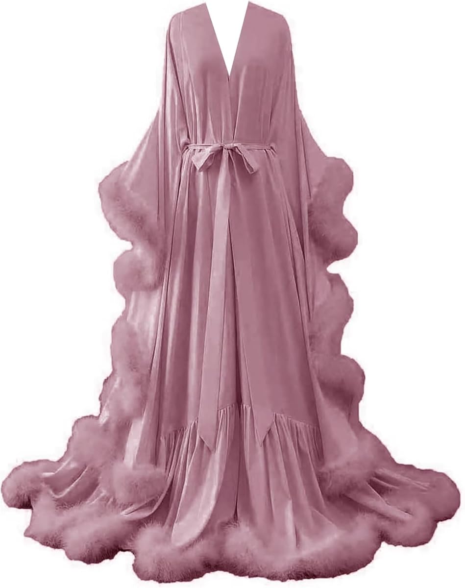 yinyyinhs Womens Sexy Feather Bridal Robes Silk Satin Long Nightgown Bathrobe Sleepwear Maternity Robe for Photoshoot