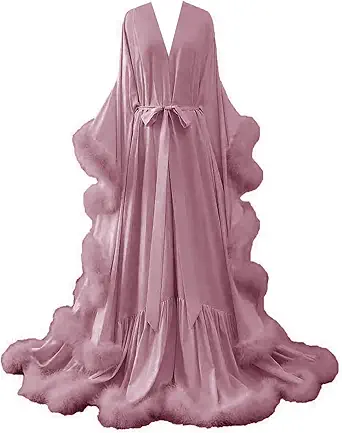 yinyyinhs Womens Sexy Feather Bridal Robes Silk Satin Long Nightgown Bathrobe Sleepwear Maternity Robe for Photoshoot