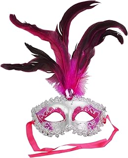 Altatac Carnival Mardis Gras Colorful Costume Mask with Jewel and Colorful Feathers, Fuschia