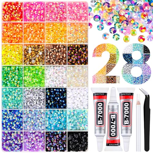 8500Pcs Resin Rhinestones with Tweezers for Crafting, Mixed-Color 5mm Bedazzling Crystal with 3Pcs 10ml B7000 Jewelry Glue for DIY Crafts Clothing Tumblers Shoes Fabric Nail Art