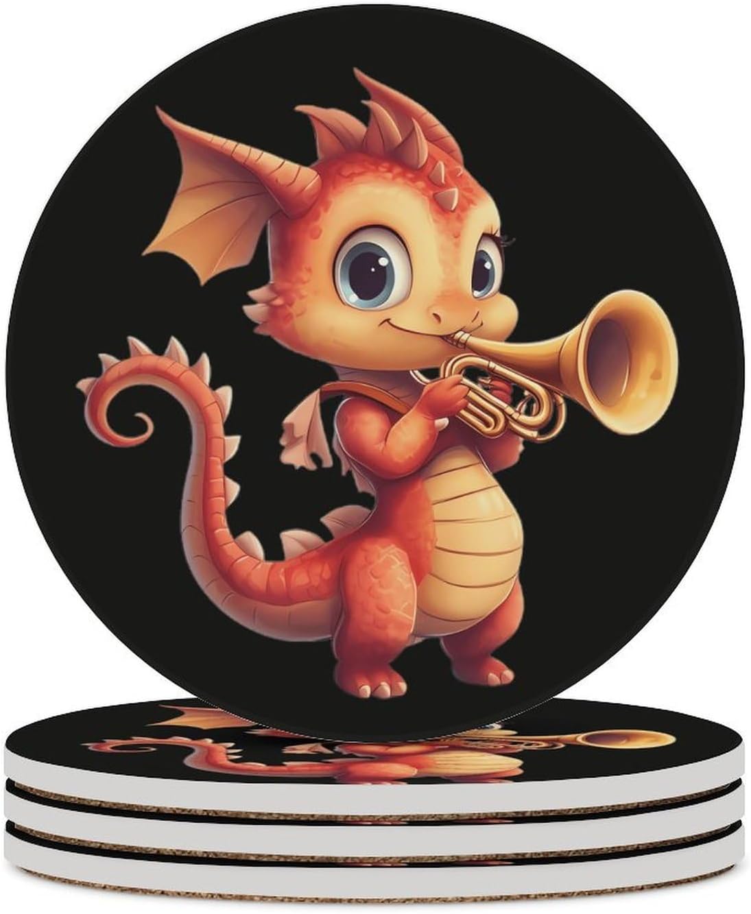 Cute Dragon Playing Horn Round Ceramic Coasters for Drinks Absorbent Cup Holder Tabletop Protector with Cork Base