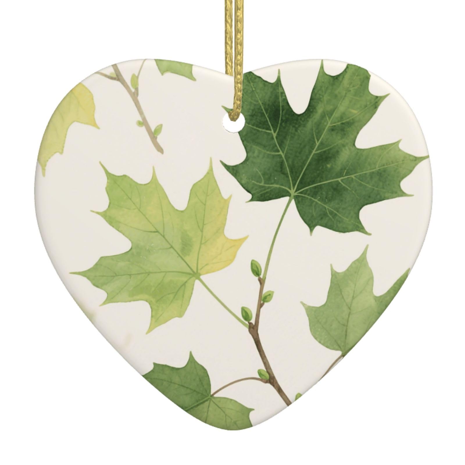 Green Maple Leaves Christmas Ornament 2025 Heart Ceramic Hanging Ornaments for Home Decor Christmas Decorations with Gold Rope Double-Sided Xmas Tree Ceramic Hanging for Holiday Party