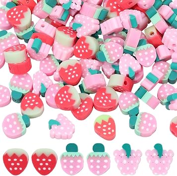 1 Box 180Pcs Strawberry Grape Polymer Clay Beads with Small Hole Cute Fruit Flat Loose Charm Spacer Slice Bead Bulk for Jewelry Making Earrings Necklaces Bracelets Adult DIY Craft Supply