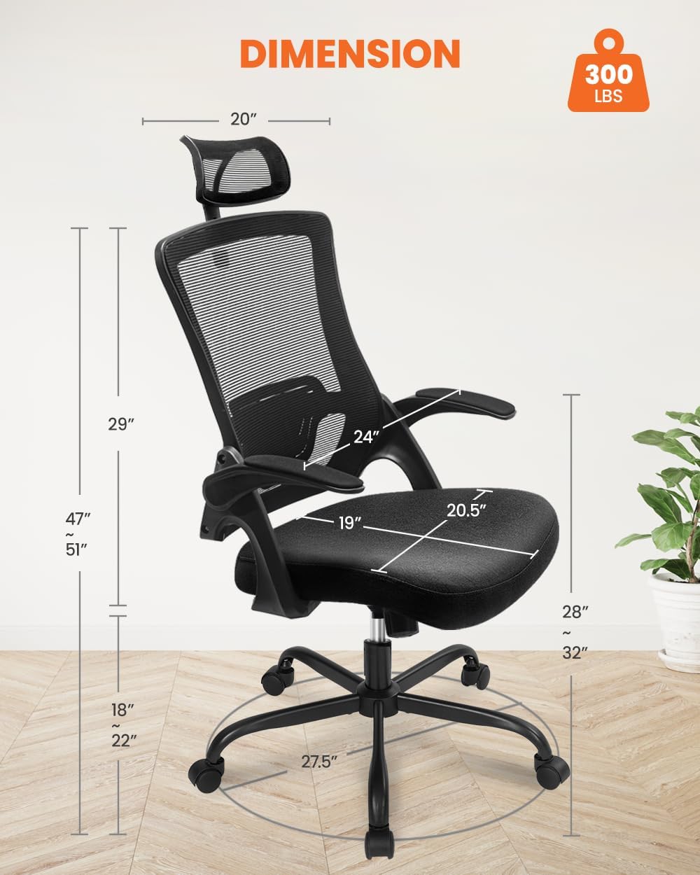 NEO CHAIR Office Chair High Back Desk Chair Comfy Gaming Computer Mesh Seat with Ergonomic Lumbar Adjustable Headrest Rolling Flip-up Armrests and Wheels (All Black)