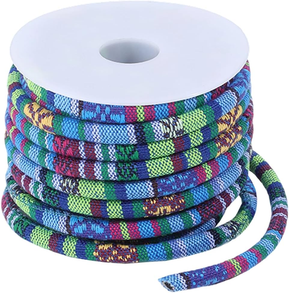 10 Yards Blue Ethnic Style Cloth Cord Bohemia Braid Round Friendship Rope Colorful Fabric Thread Polyester Colored Strings With Spool for Jewelry Making Necklaces Bracelets Beading Diy Craft