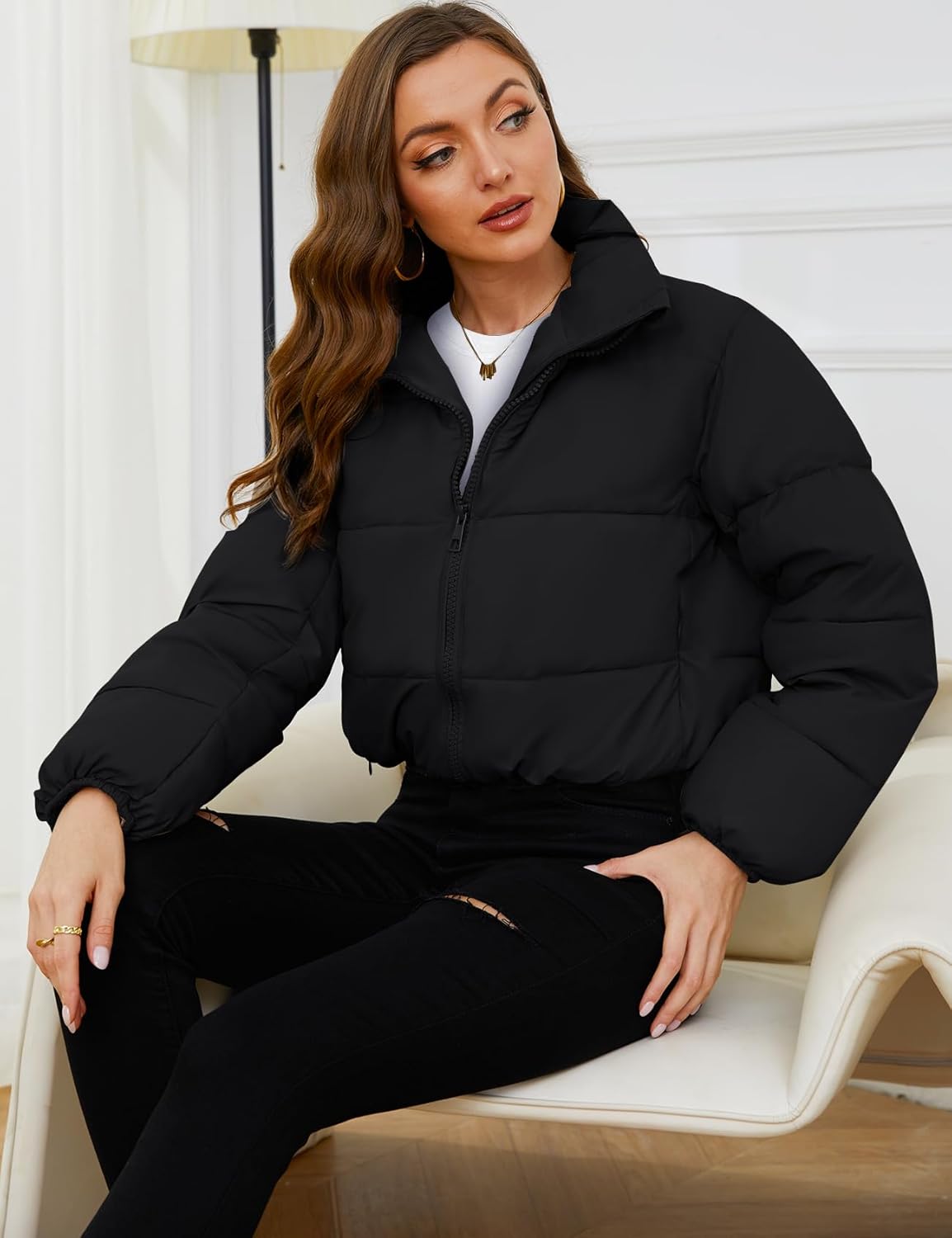 Arssm Women Cropped Puffer Jacket Short Puffy Jacket Crop Warm Winter Coats with Pockets - Image 4