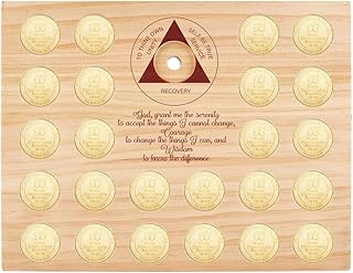 PH PandaHall Pine Wood Coin Display Coin Holder Stand Holds 25 Sobriety Medallions Displays Case Sober Recovery Chips Organizer Boards for Women Men Collectors Medallion Storage Inspirational Gift
