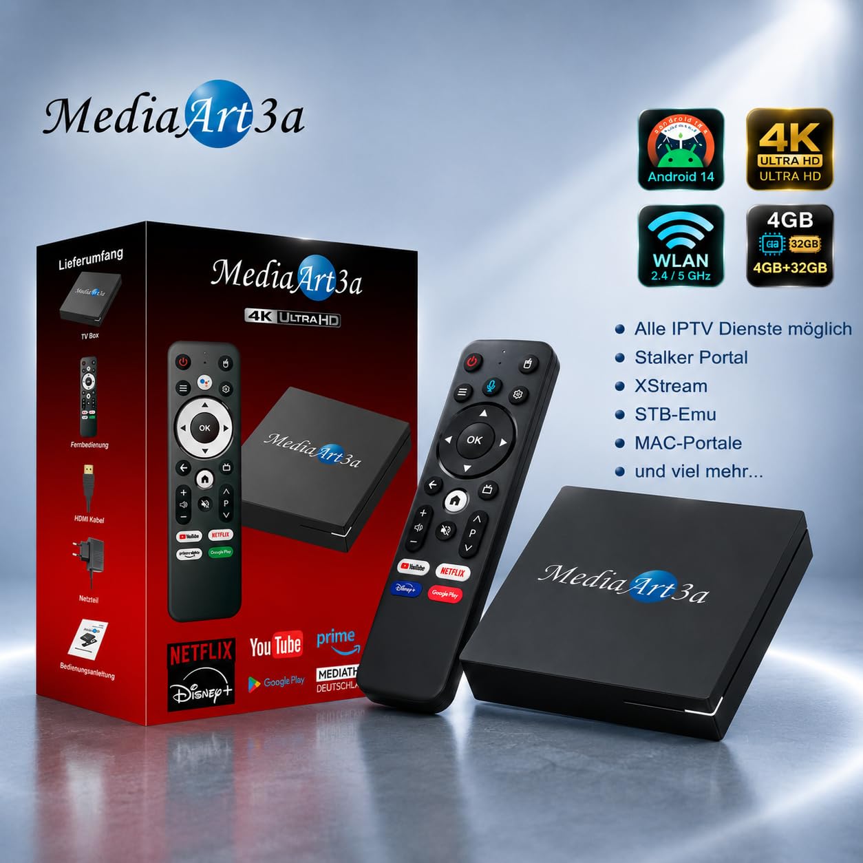 Mediaart-3a Pro 4K Android TV Box (4GB RAM + 32GB) Streaming Smart TV Box Quad Core, Rockchip 3518 Dual WLAN 2.4G/5G 4K 60fps Media Player YouTube, Browser HDMI 2.0, Ethernet-Anschluss (RJ45), WiFi