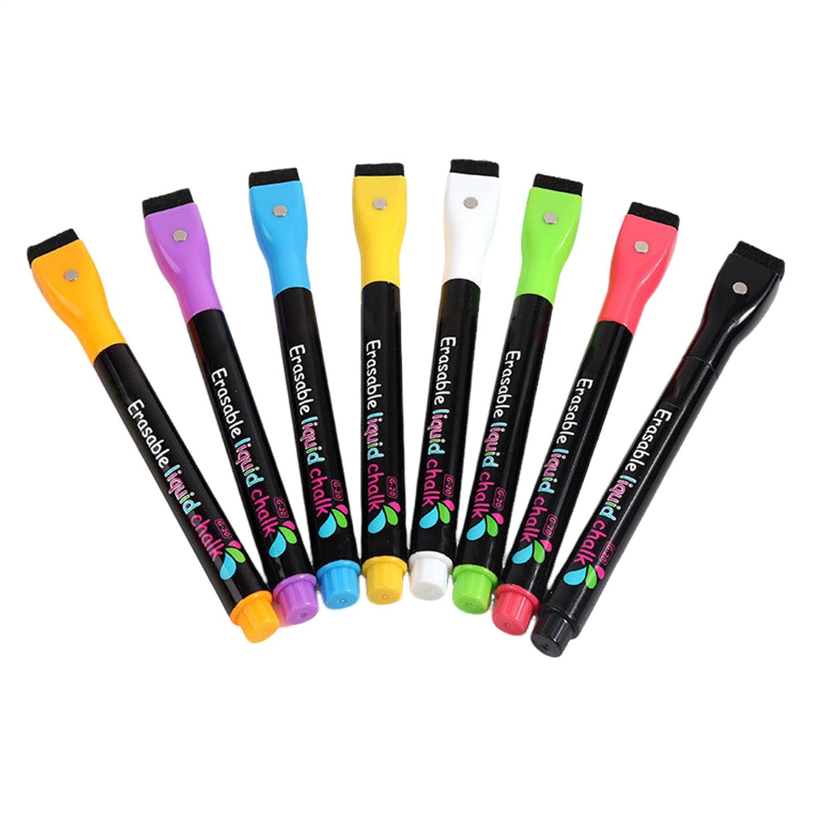 Dry Wipe Fluorescent Marker - Liquid Erasable Neon Writing Pens, Dustless Paint Markings | 8 Pieces 1 mm Slim Point LED Light Board Pen Set with Clean Erase Ink, Creative Clear