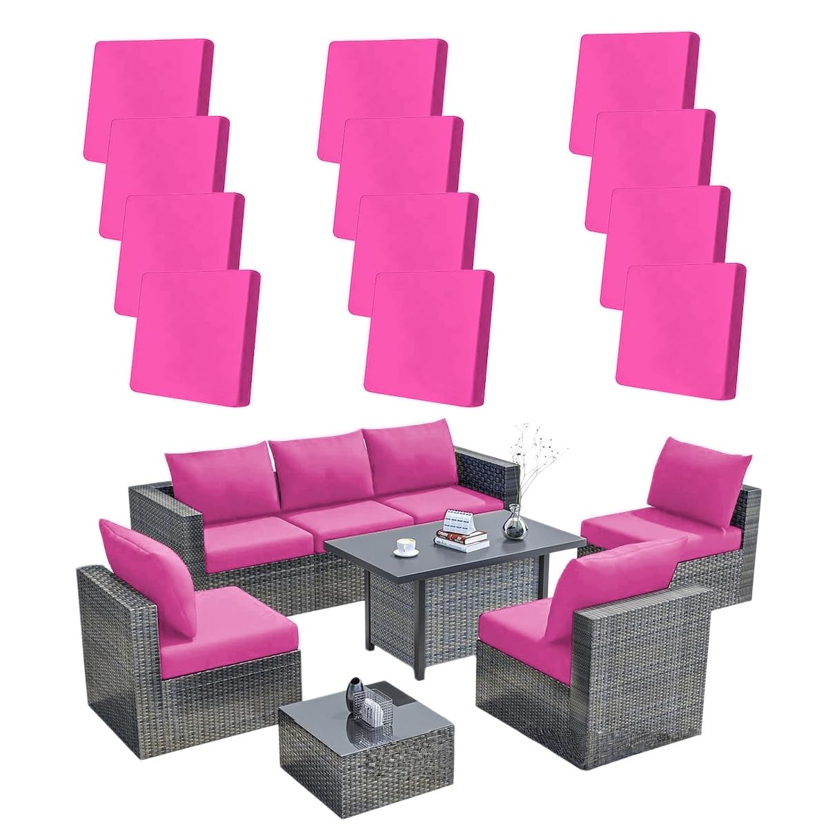 Hiseng 8/12/14 PCS Outdoor Cushion Covers Stretch Patio Cushion Covers Replacement Slipcovers Washable for Outdoor Sofa Cushions, Garden Furniture Set, Rattan Corner Sofa (Rose,12PCS)