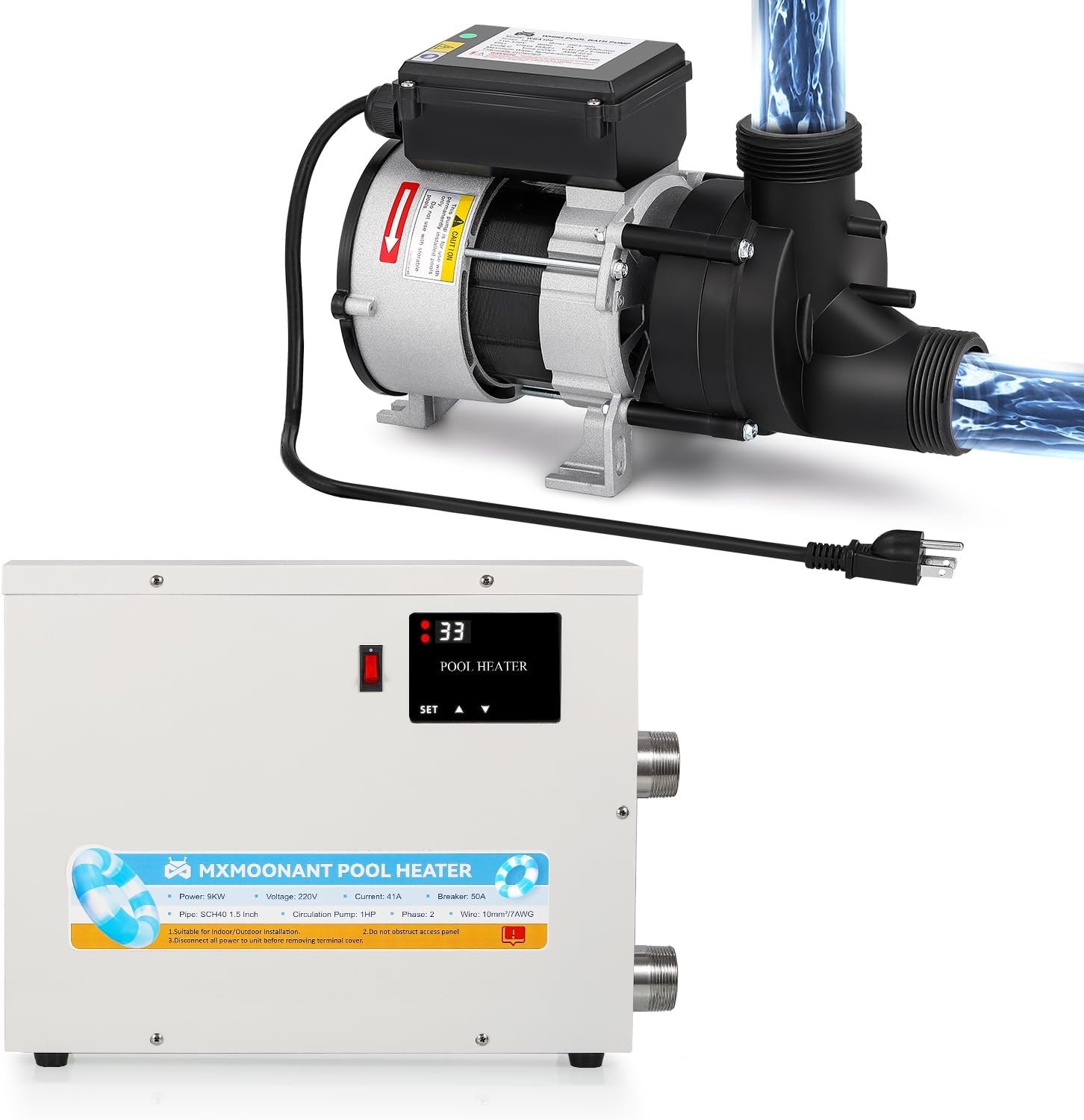 Mxmoonant Pool Heater 9KW & SPA Pump 1HP for SPA, Bathtub, Small Pool