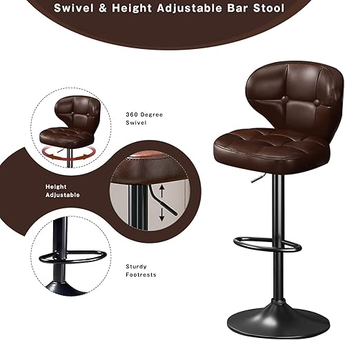 Miniatura 4 de Juego de 2 taburetes de bar, taburetes de bar giratorios ajustables, moderna silla de bar tapizada de piel sintética con respaldo y reposapiés, para