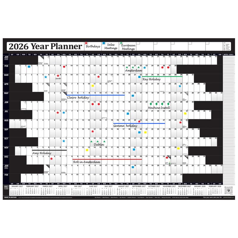 PlannerHead 2026 Wall Planner Black | Yearly Calendar 2026 for Students, Families, Businesses, Offices | UK & Ireland Bank Holidays | Unmounted & Unlaminated (Black, Large 49cm x 70cm - Folded)