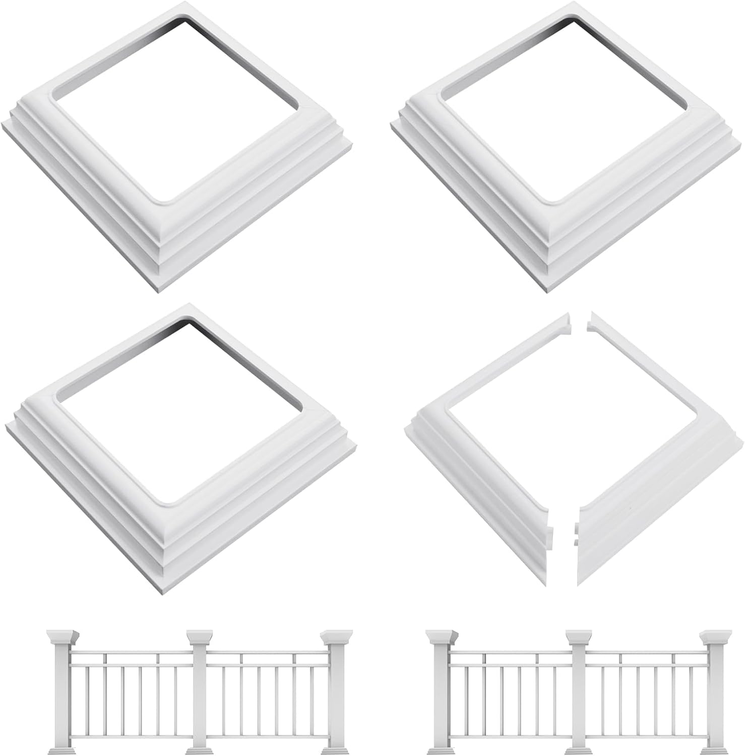 4 Pack 4x4 Vinyl Fence Post Skirt, Split Style Post Sleeve PVC Base Cover Repair Trim Ring, Snap-Together Slide-on Install Skirt Railing, Moisture-Proof UV-Proof Porch Hand Stair Rail (4“ x 4" ONLY)