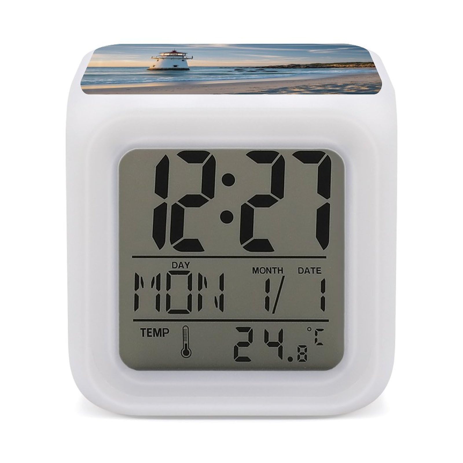LZQPOEAS Beach Lighthouse Alarm Clock Desk Clock with 7 Color Changing Night Light Digital Clocks with Temperature Display Sleep Training and Sound Machine for Heavy Sleeper