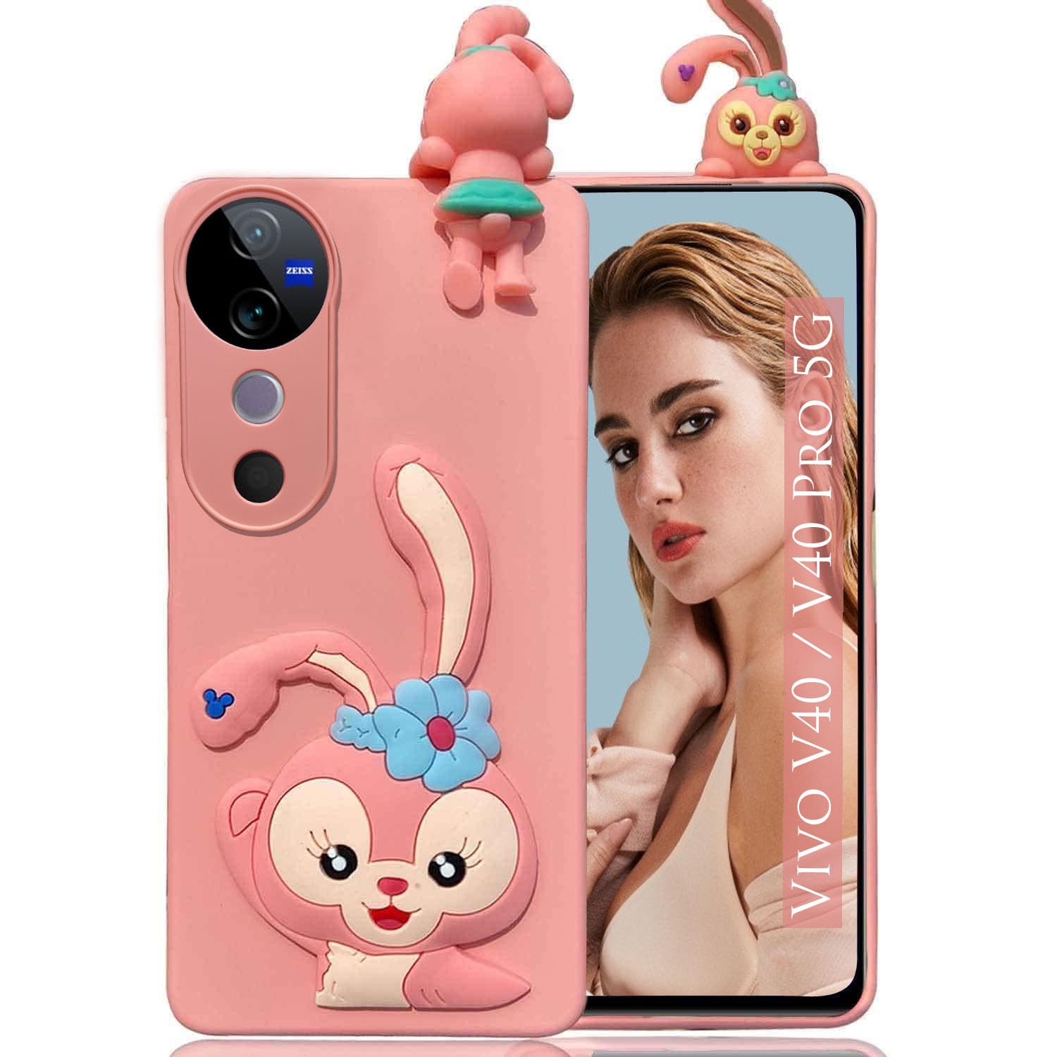 KC Back Cover for Vivo V40 5G / Vivo V40 Pro 5G - Cute Greeting Rabbit Peeking Cartoon Soft Silicon Soft Silicone Case (Pink)